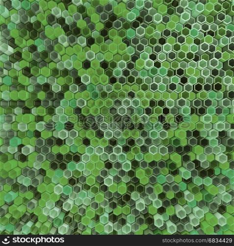 A network of hexagons green hue, which change height. 3D render.
