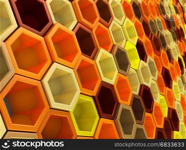 A network of hexagons yellow hue, which change height. 3D render.