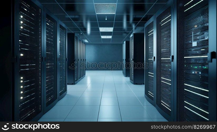 A Network Security Server Room Filled with Computer Racks. Generative AI