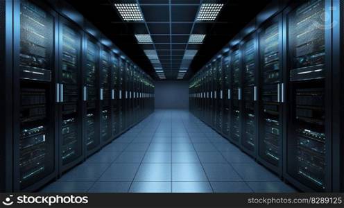 A Network Security Server Room Filled with Computer Racks. Generative AI