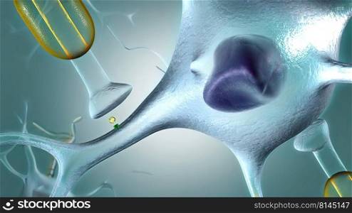 A neuron generates an electrical impulse, causing the cell to release its neurotransmitters . 3d illustration. Neurotransmitter, a chemical substance that is released at the nerve