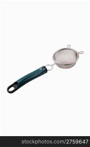 A new small sieve made from stainless steel with a green plastic handle for white background.