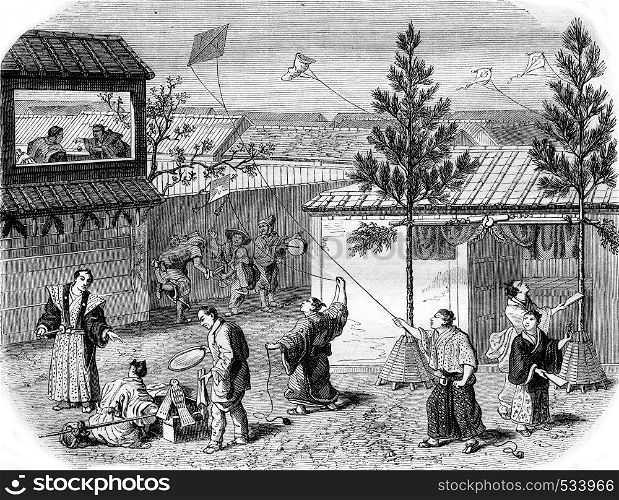 A New Year's scene in Japan, vintage engraved illustration. Magasin Pittoresque 1855.