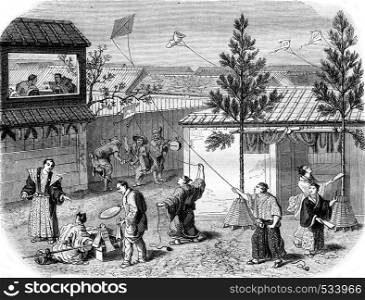 A New Year's scene in Japan, vintage engraved illustration. Magasin Pittoresque 1855.
