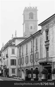 A nice view of the historic center of Vigevano, Italy. Black and white photo.
