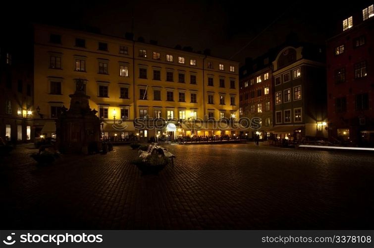 A night scene at a square in Stockholm