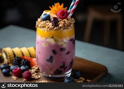 A nutritious, colorful breakfast smoothie, blended with fresh fruits, yogurt, and a sprinkle of granola, served in a tall, frosted glass with a reusable straw. Generative Ai.