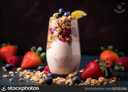 A nutritious, colorful breakfast smoothie, blended with fresh fruits, yogurt, and a sprinkle of granola, served in a tall, frosted glass with a reusable straw. Generative Ai.