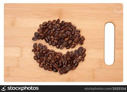 Aoffee beans on a wooden cutting board