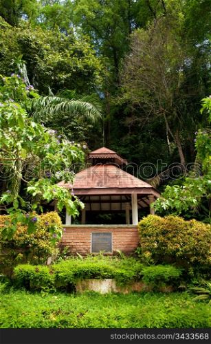a pagoda in the lush green garden