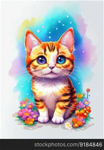 A painting of a cat sitting in a field of flowers, a digital painting. Generative AI.