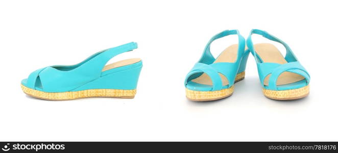 A pair of blue summer lady shoes on white - front and side view