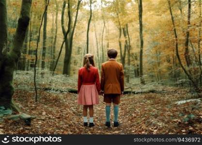 A pair of children holding hands on the road in the autumn forest, generative ai.