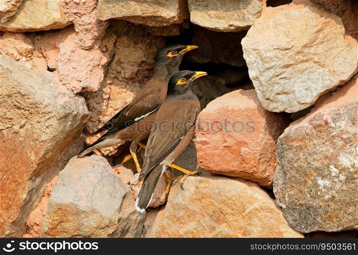 A pair of common or Indian mynas  Acridotheres tristis  perched at their nest, India 