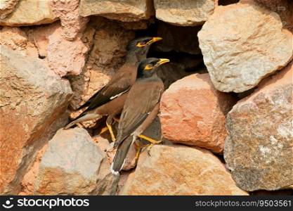A pair of common or Indian mynas  Acridotheres tristis  perched at their nest, India 