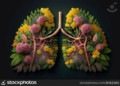 a pair of lungs made from pink and yellow flowers, surrounded by greenery, created with generative ai. a pair of lungs made from pink and yellow flowers, surrounded by greenery