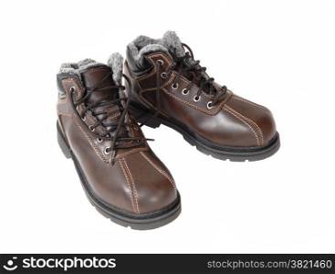 A pair of new brown hiking shoe&rsquo;s standing isolated for white background.