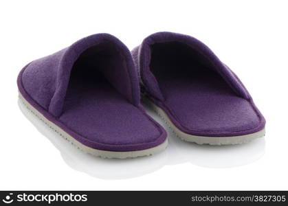 A pair of purple slippers on a white background.