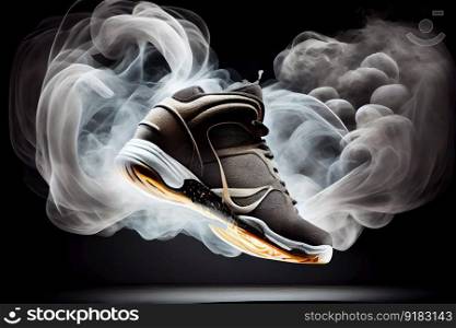 a pair of sport shoes, hovering above a basketball court, with magical smoke rising up, created with generative ai. a pair of sport shoes, hovering above a basketball court, with magical smoke rising up