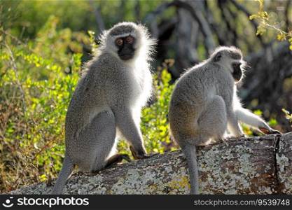 A pair of vervet monkeys (Cercopithecus aethiops) sitting in a tree, South Africa
