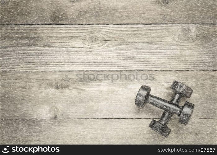a pair of vintage iron dumbbells on a grained wood background with a copy space, digital charcoal painting effect