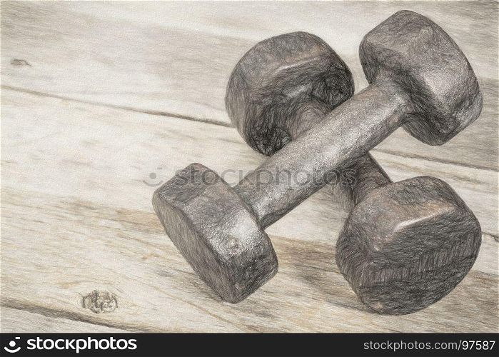 a pair of vintage iron rusty dumbbells on white painted barn wood background - fitness concept, digital charcoal painitng effect