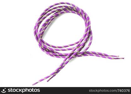 A pair of violet-yellow shoelaces isolated on a white background.
