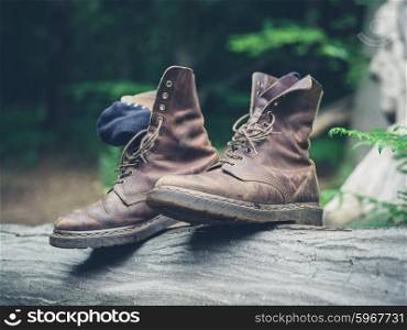 A pair of walking boots on a log in the forest
