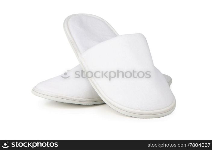 A pair of white slippers on a white background.