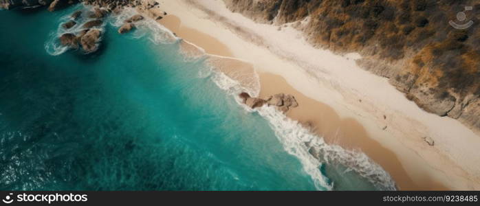 A panoramic aerial view of a beach and ocean showcases the serene, natural beauty of the coastline, providing a perfect backdrop for outdoor leisure and relaxation. AI Generative.