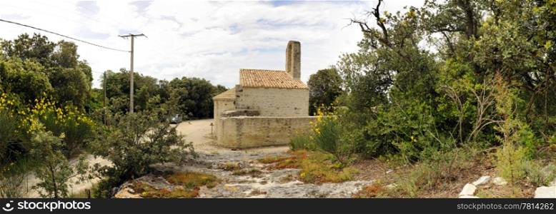 A panoramic image of the ruins of a 12th Century Church in the Drome en Provence, France.