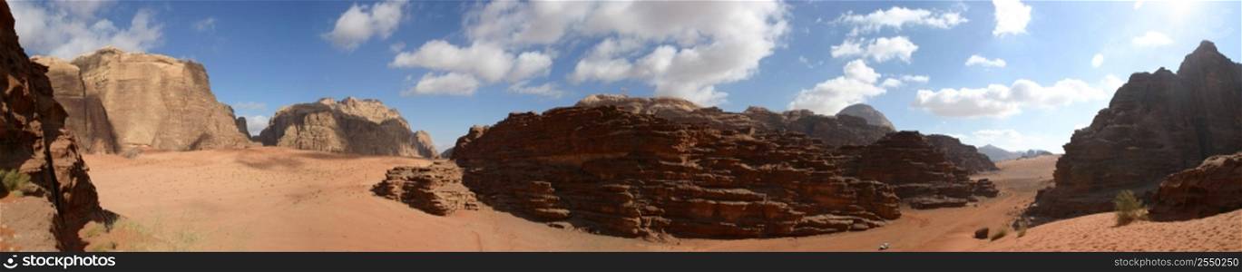 A panoramic stock photograph of the Wadi Rum Desert in Jordan.