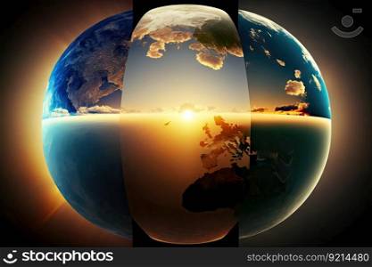 a panoramic view of a sunrise over the earth, with the sun illuminating different parts of the globe at different times., created with generative ai. a panoramic view of a sunrise over the earth, with the sun illuminating different parts of the globe at different times.