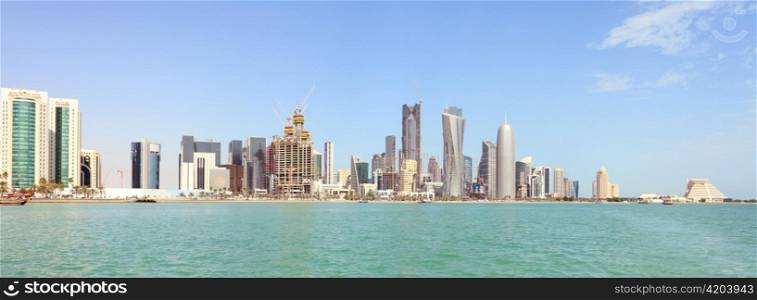 A panoramic view of the business district skyline of Doha, Qatar, seen from the sea, in February 2011.