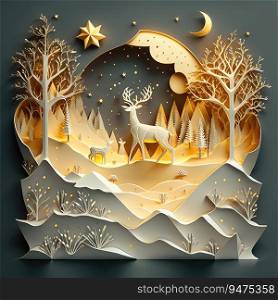 A paper cut out of a deer in a snowy landscape for christmas paper art background