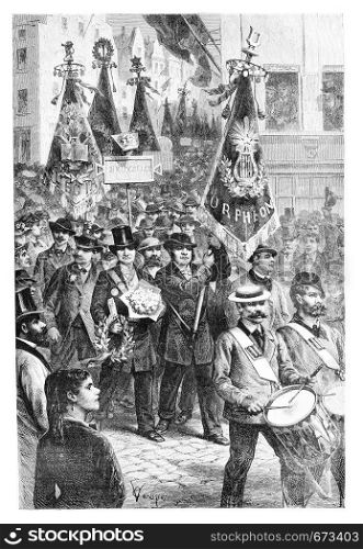 A Parade of Societies in Brussels, Belgium, drawing by Verdyen, vintage illustration. Le Tour du Monde, Travel Journal, 1881