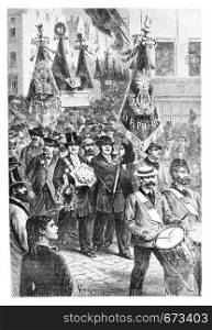 A Parade of Societies in Brussels, Belgium, drawing by Verdyen, vintage illustration. Le Tour du Monde, Travel Journal, 1881