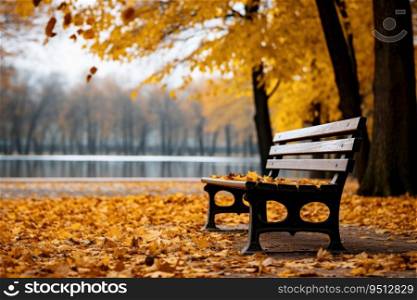A park bench under autumn leaves. Leaves fall from the tree. Park bench under autumn leaves