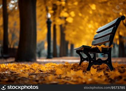 A park bench under autumn leaves. Leaves fall from the tree. Park bench under autumn leaves