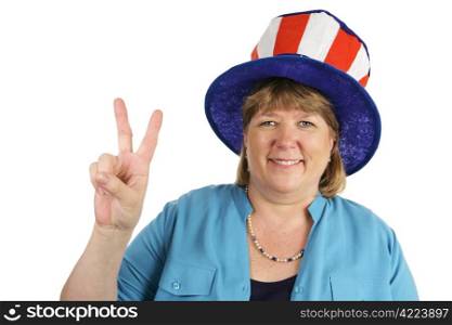 A patriotoc American military wife giving a peace sign. Isolated on white.