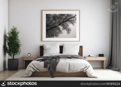 A peaceful bedroom with a mockup poster frame on a white wall, showcasing a realistic paper print. The lighting and green plant make the atmosphere calming. This mockup is AI generative.