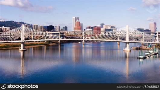 A pedestrian and transit bidge along with interstate 5 cross over the Willamette River in Portland