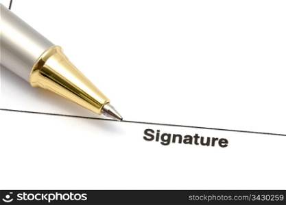A pen isolated on a blank signature paper