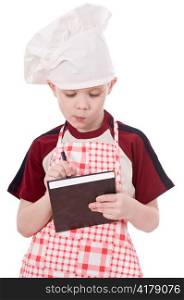 a pensive child chef isolated on white background