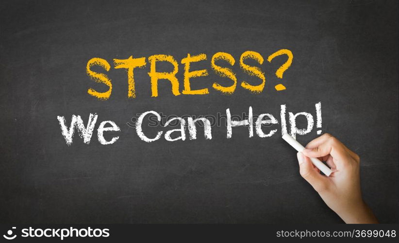 A person drawing and pointing at a Stress we can help Chalk Illustration