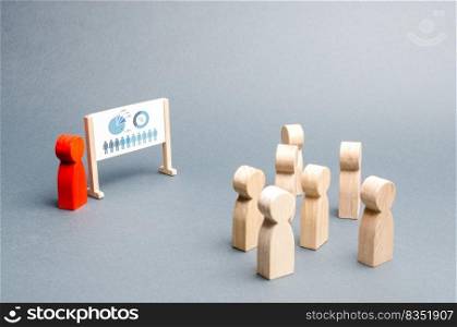 A person holds a presentation to a crowd of people at a briefing, discussion of the business strategy, development of the company. Analysis of the results, information market analysis. Selective focus