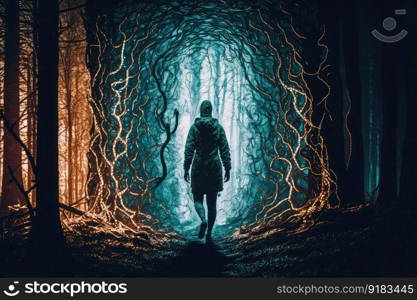 a person, lost in the woods, with the source of consciousness guiding them back to safety, created with generative ai. a person, lost in the woods, with the source of consciousness guiding them back to safety