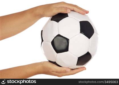 a photo of a ball of soccer in the hands a over white background