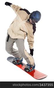 a photo of a snowboarder a over white background