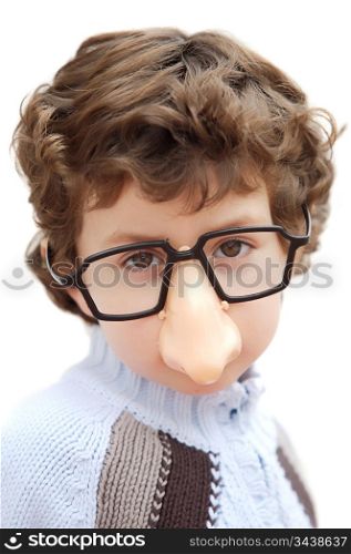 a photo of an adorable boy with glasses and nose of toy